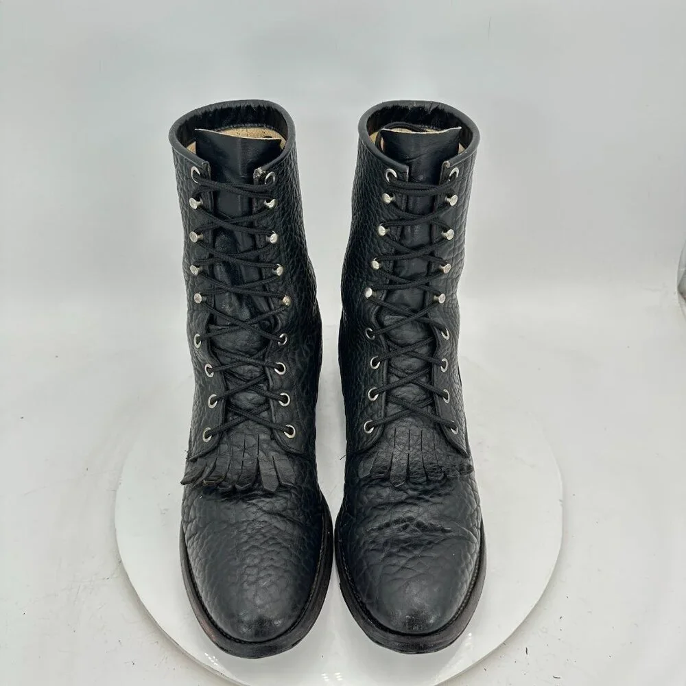 Justin 522 Bullhide Men 10 B Pebbled Black Leather Tassel Western Lacer Boot